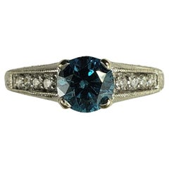 14K White Gold Blue Color Treated & White Diamond Ring Size 6.75  #17921