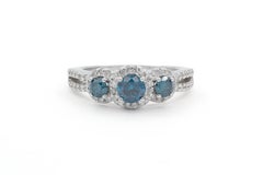 14k White Gold Blue Diamond Halo Engagement Ring 1.33ctw Irradiated 3-Stone Diam