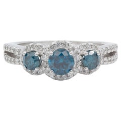14k White Gold Blue Diamond Halo Engagement Ring 1.33ctw Irradiated 3-Stone Diam