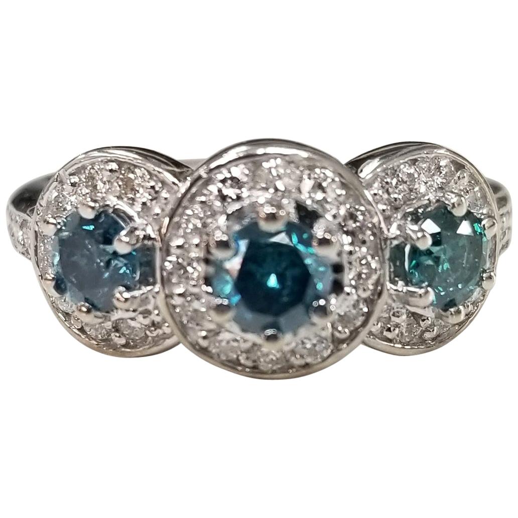 14k White Gold Blue Diamonds Set with White Diamonds Around the Center Diamonds For Sale