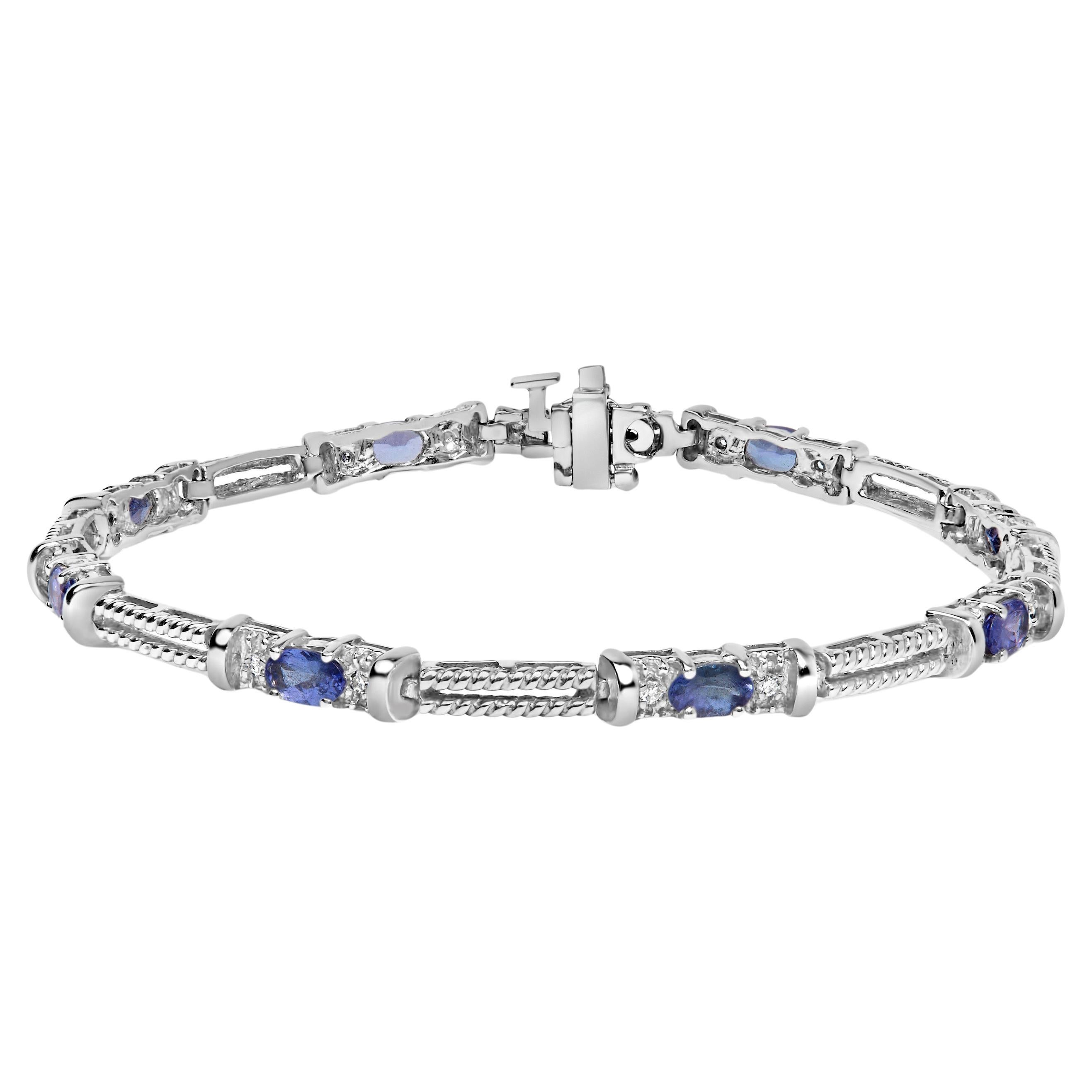 Bracelet à maillons style cordon en or blanc 14 carats avec tanzanite bleue pourpre et diamants