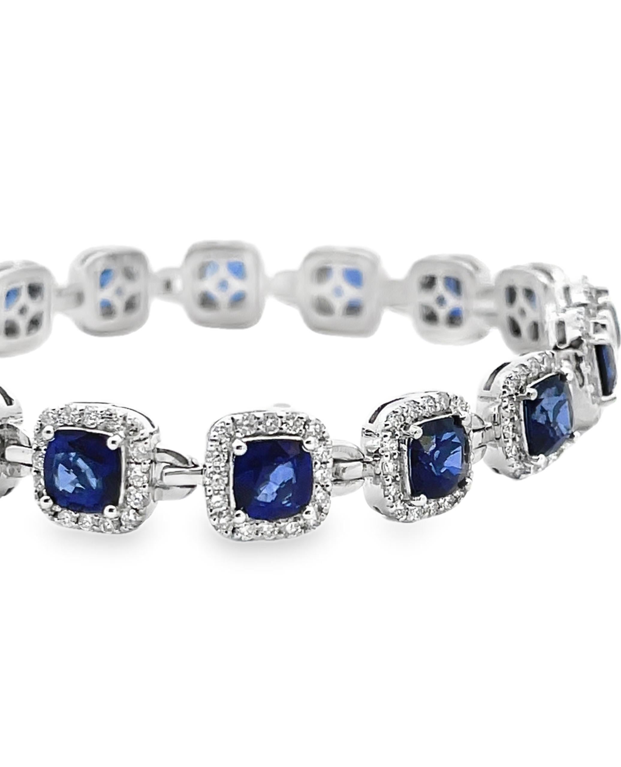 Contemporary 14K White Gold Blue Sapphire and Diamond Tennis Bracelet