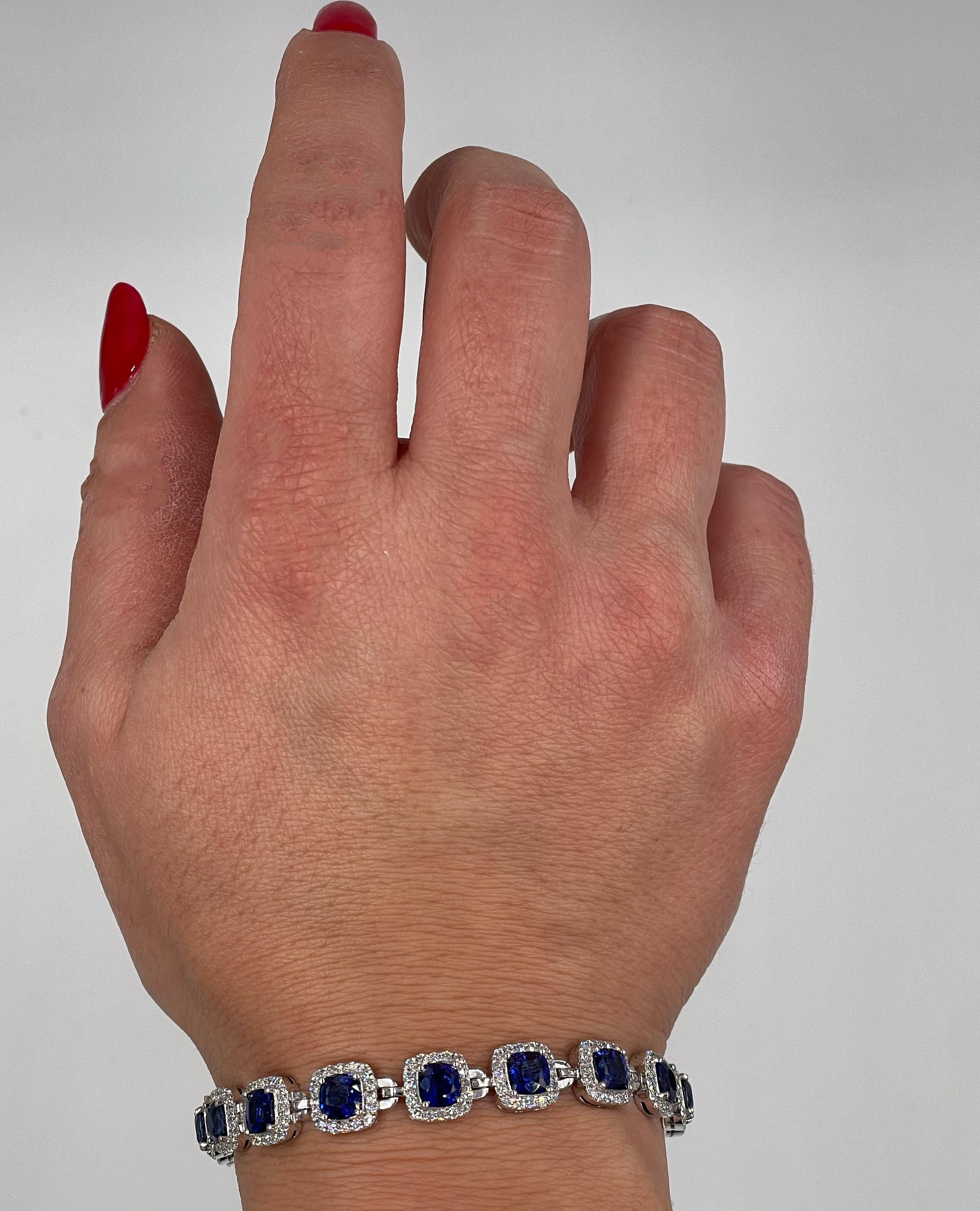 14K White Gold Blue Sapphire and Diamond Tennis Bracelet In New Condition In Old Tappan, NJ