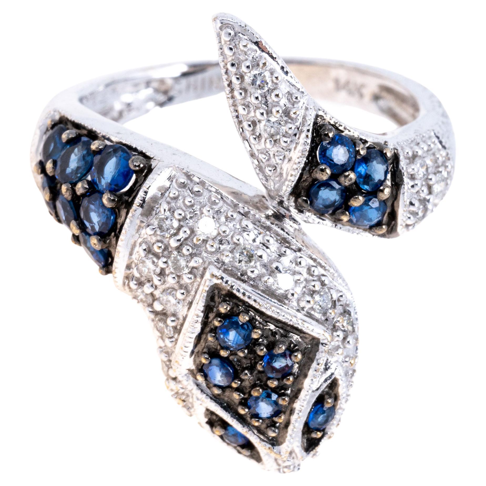 14K White Gold, Blue Sapphire and Diamond Coiled Snake Ring For Sale
