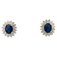 14k White Gold Blue Sapphire and Diamond Double Halo Earrings