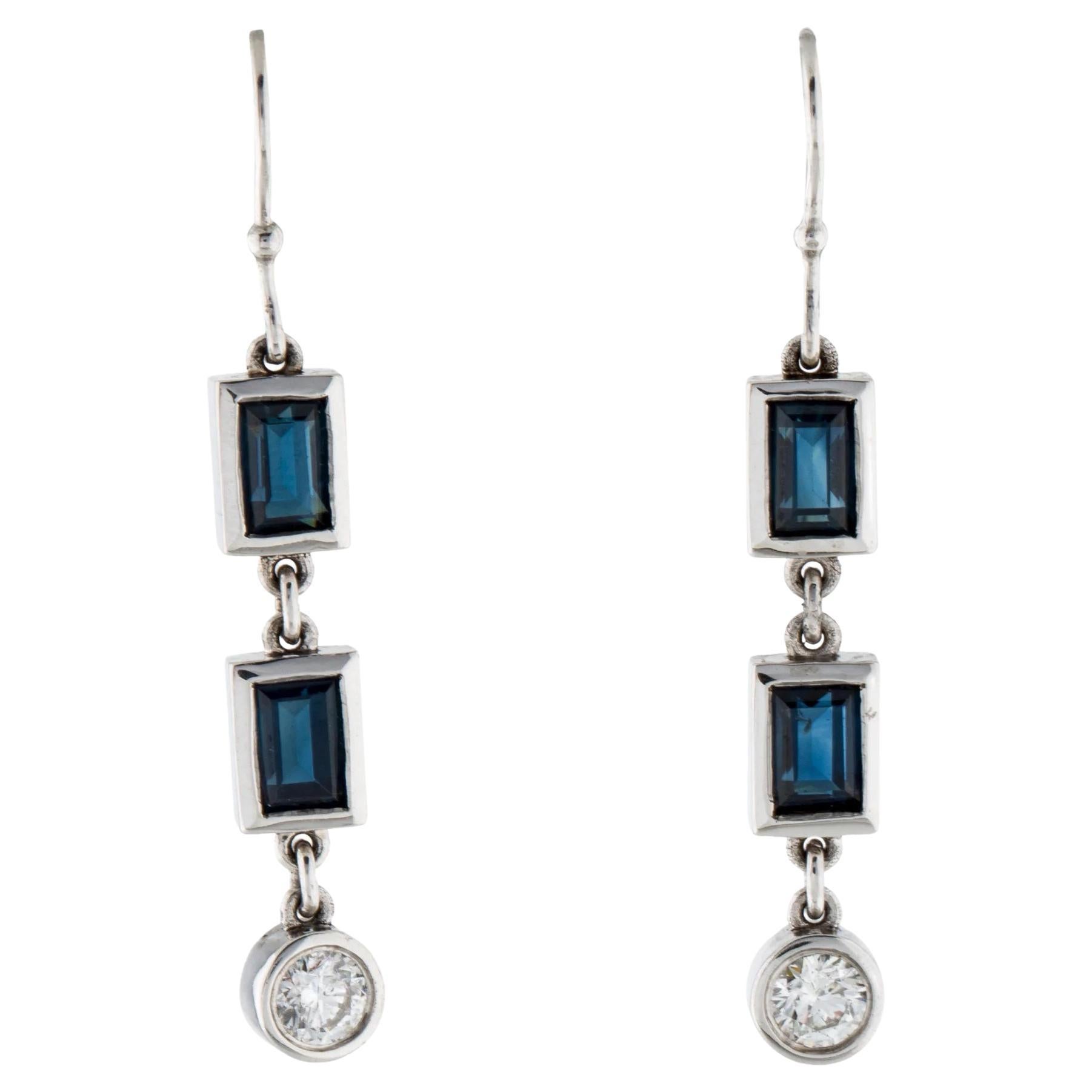 14K White Gold Blue Sapphire and Diamond Earrings For Sale