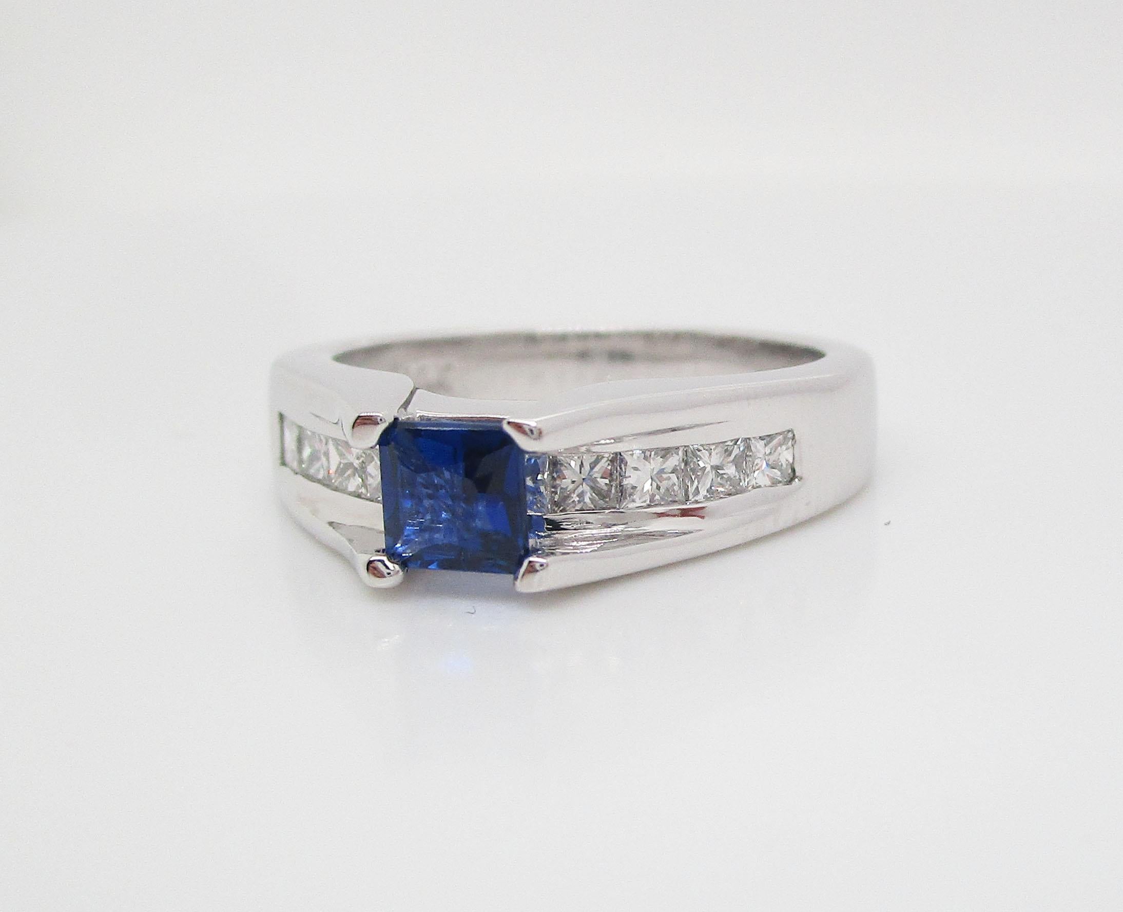 Contemporary 14 Karat White Gold Blue Sapphire and Diamond Engagement Ring