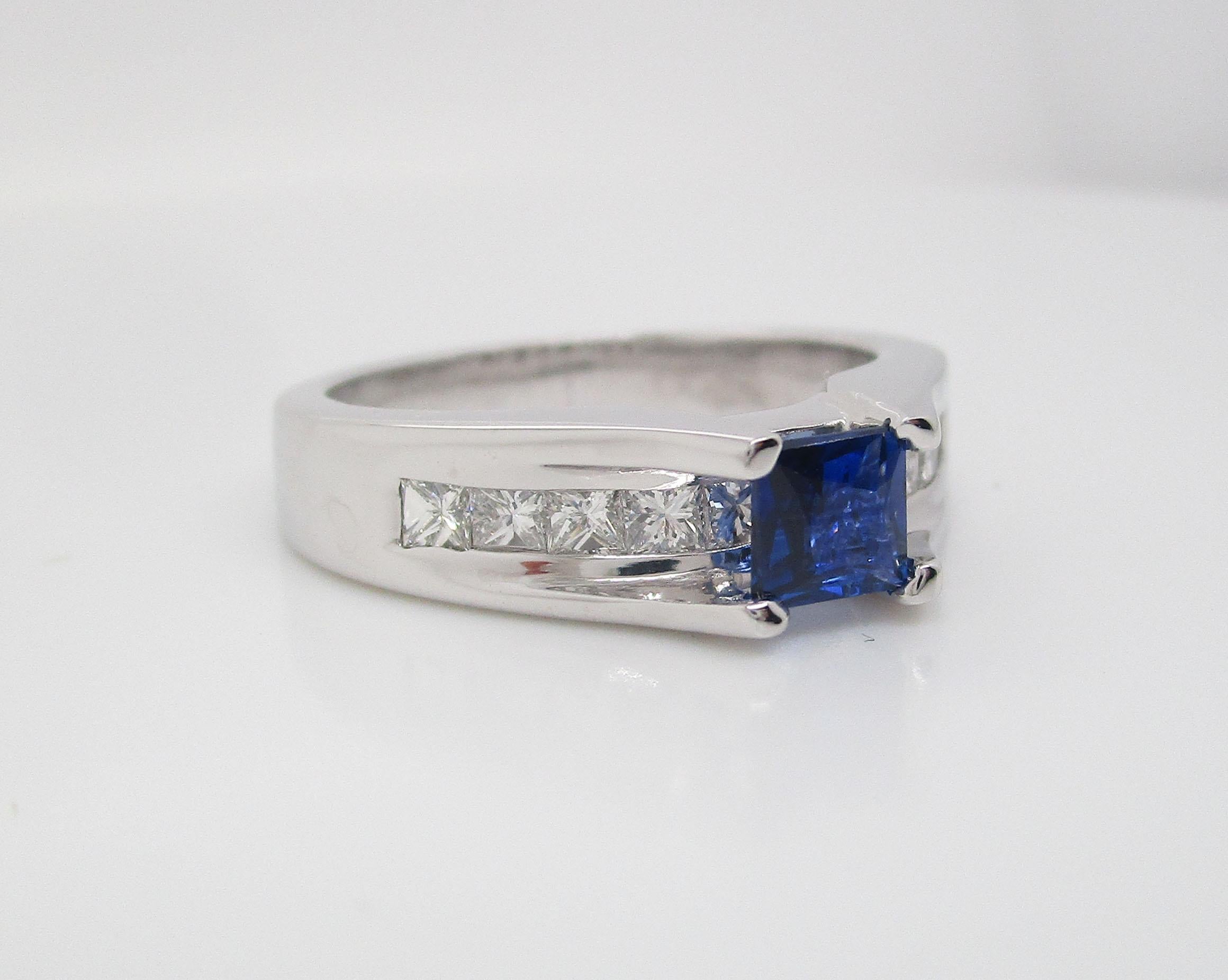 Princess Cut 14 Karat White Gold Blue Sapphire and Diamond Engagement Ring