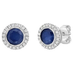 14K White Gold Blue Sapphire and Diamond Halo Stud Earrings