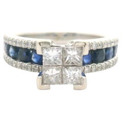 Anello da donna vintage con zaffiro blu e diamante in oro bianco 14k, misura 7
