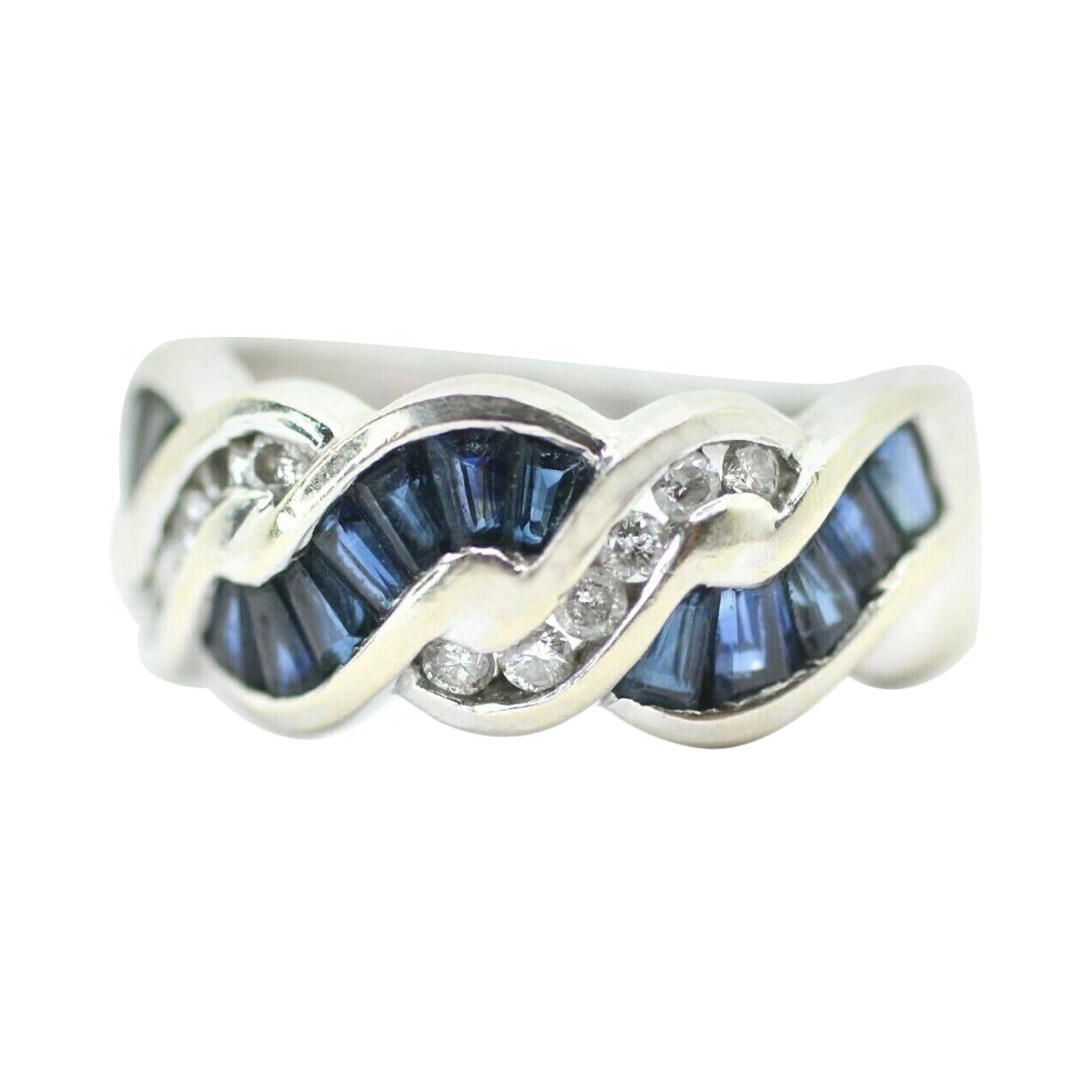 14k White Gold Blue Sapphire and Diamond Weave Ring