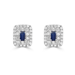 14K White Gold Blue Sapphire Baguette and Diamond Double Halo Stud Earrings