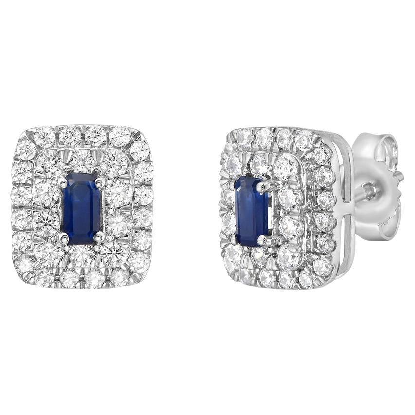 14K White Gold Blue Sapphire Baguette and Diamond Double Halo Stud Earrings For Sale