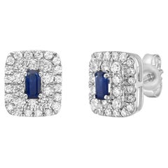 14K White Gold Blue Sapphire Baguette and Diamond Double Halo Stud Earrings 14K White Gold Blue Sapphire Baguette and Diamond Double Halo Stud Earrings
