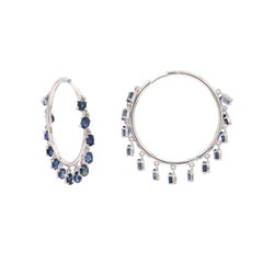 14K White Gold Blue Sapphire Designer Hoop Earrings