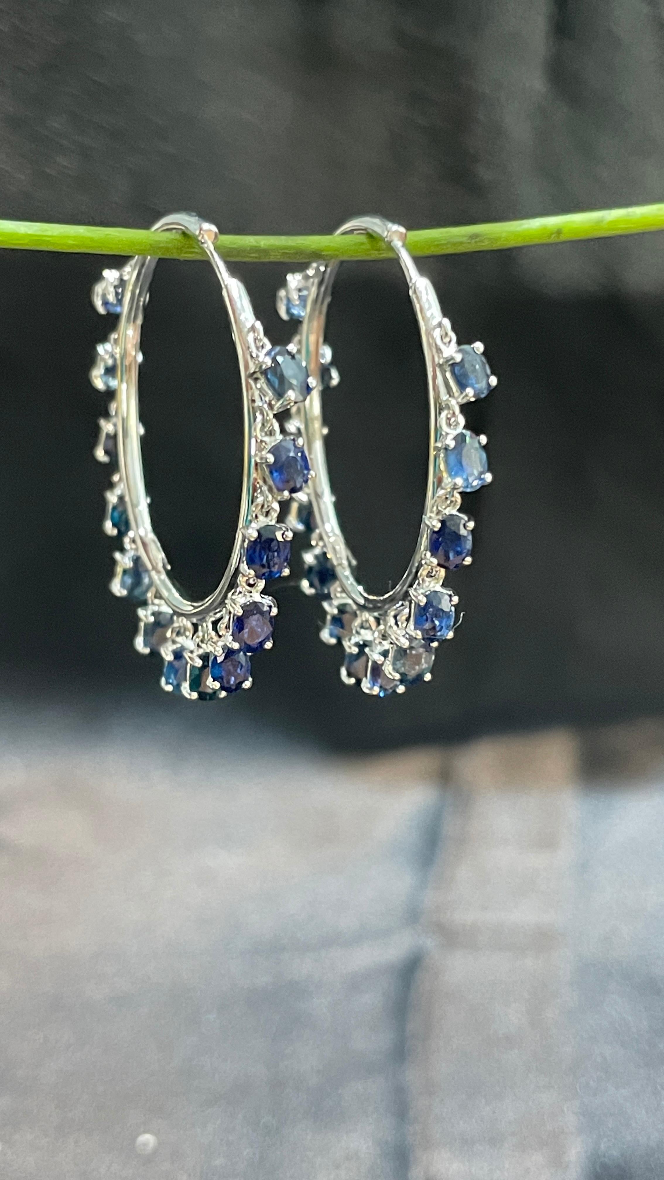 14K White Gold Blue Sapphire Designer Hoop Earrings For Sale 1