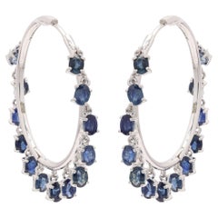 14K White Gold Blue Sapphire Designer Hoop Earrings