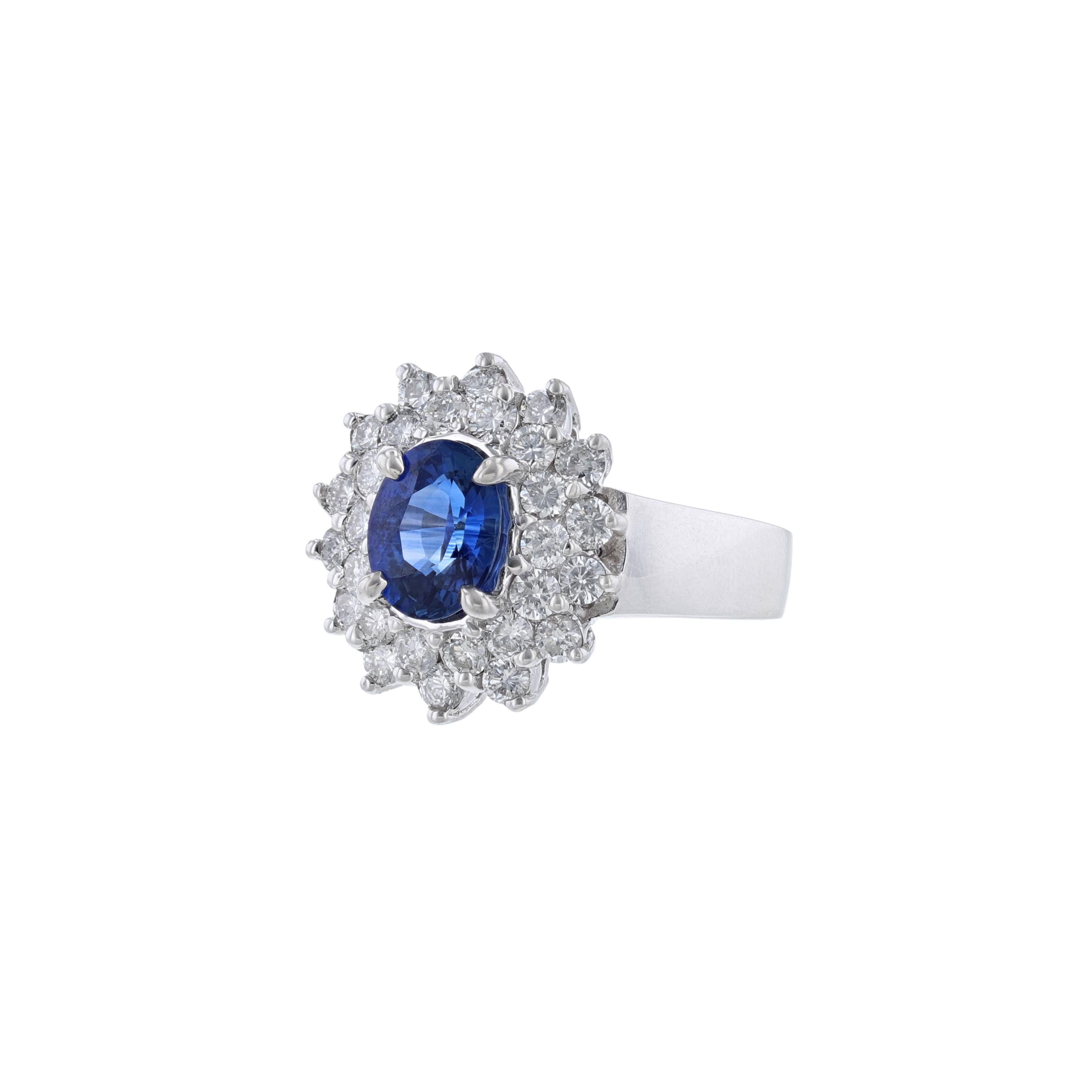 Contemporary 14K White Gold Blue Sapphire Diamond Burst Halo Ring For Sale