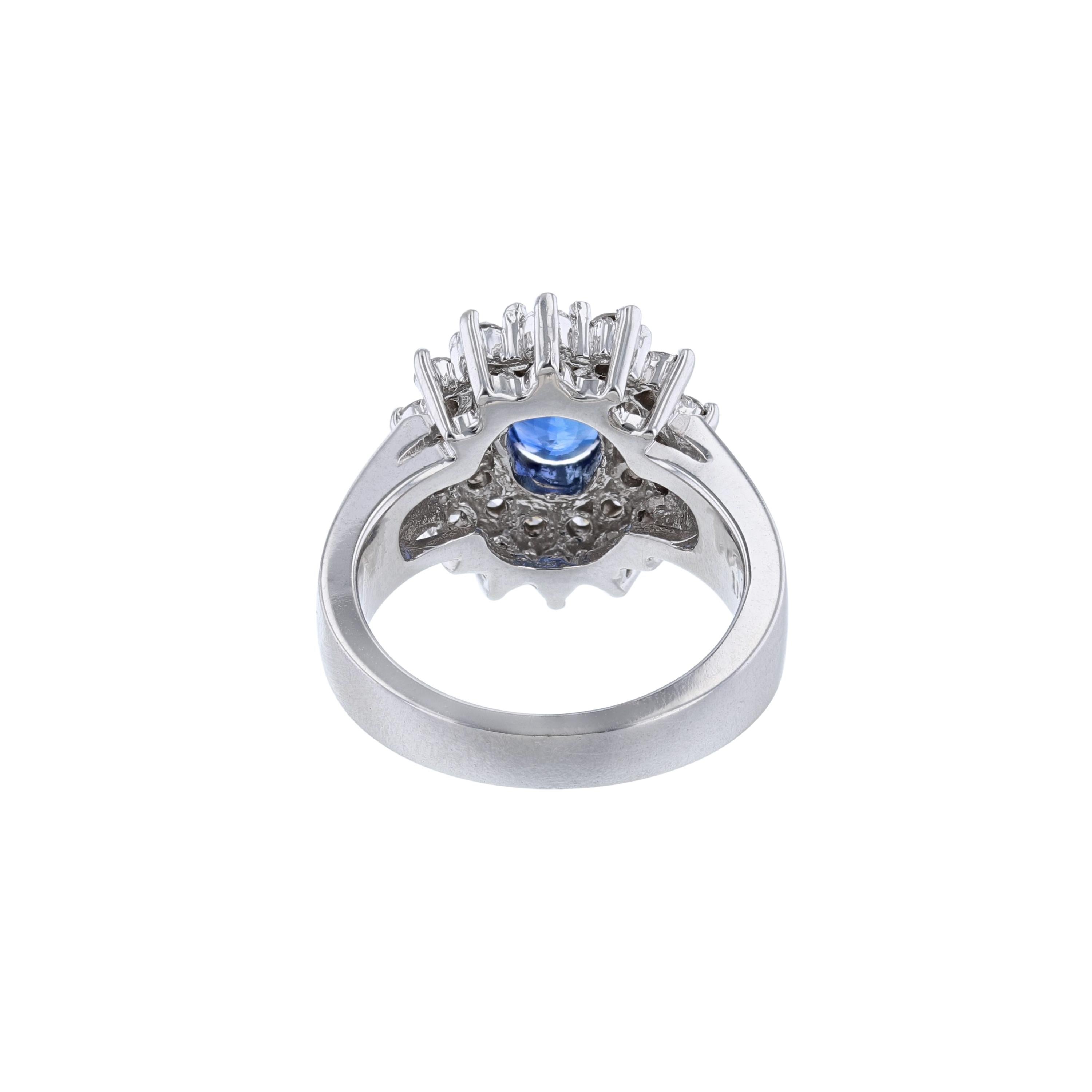 Oval Cut 14K White Gold Blue Sapphire Diamond Burst Halo Ring For Sale