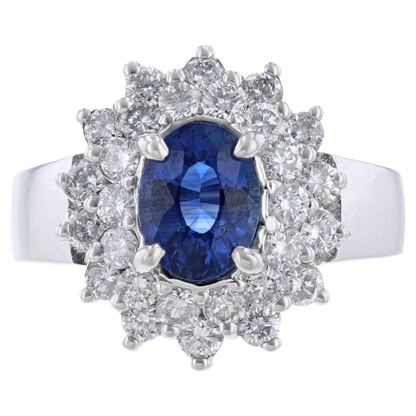 14K White Gold Blue Sapphire Diamond Burst Halo Ring