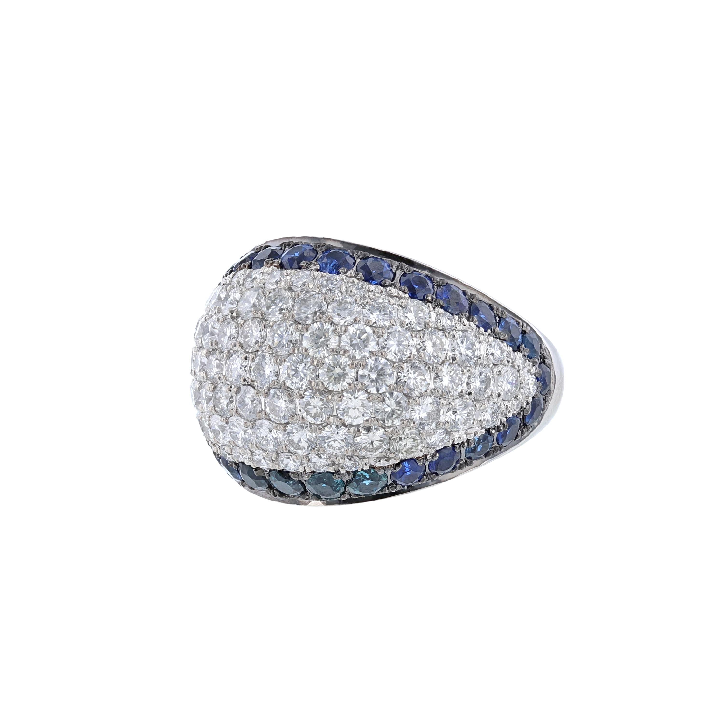 Contemporary 14K White Gold Blue Sapphire Diamond Dome Ring