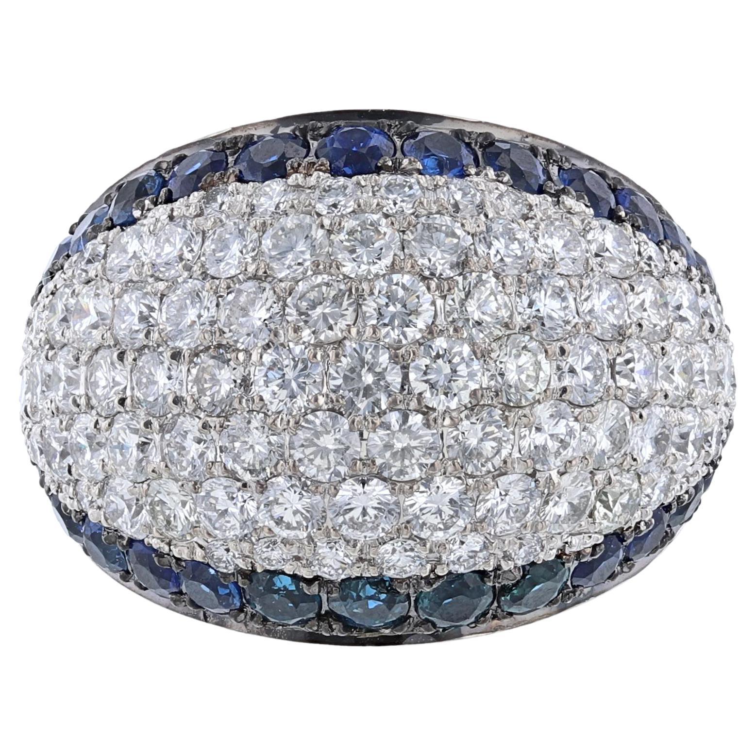 14K White Gold Blue Sapphire Diamond Dome Ring