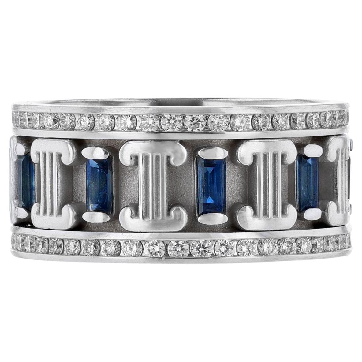 14K White Gold Blue Sapphire Diamond III Eternity Band, 2.53ct For Sale