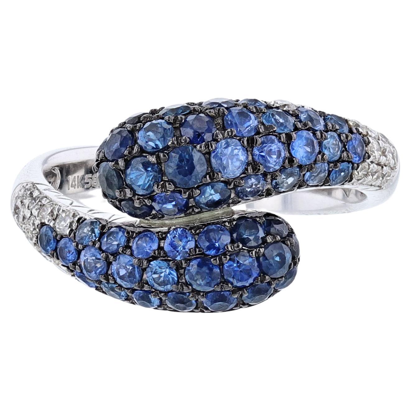 14K White Gold Blue Sapphire Diamond Pave Wrap Cocktail Ring