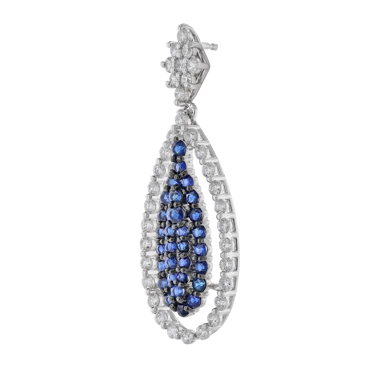 Contemporary 14K White Gold Blue Sapphire Diamond Teardrop Earrings, 4.36 Carat For Sale