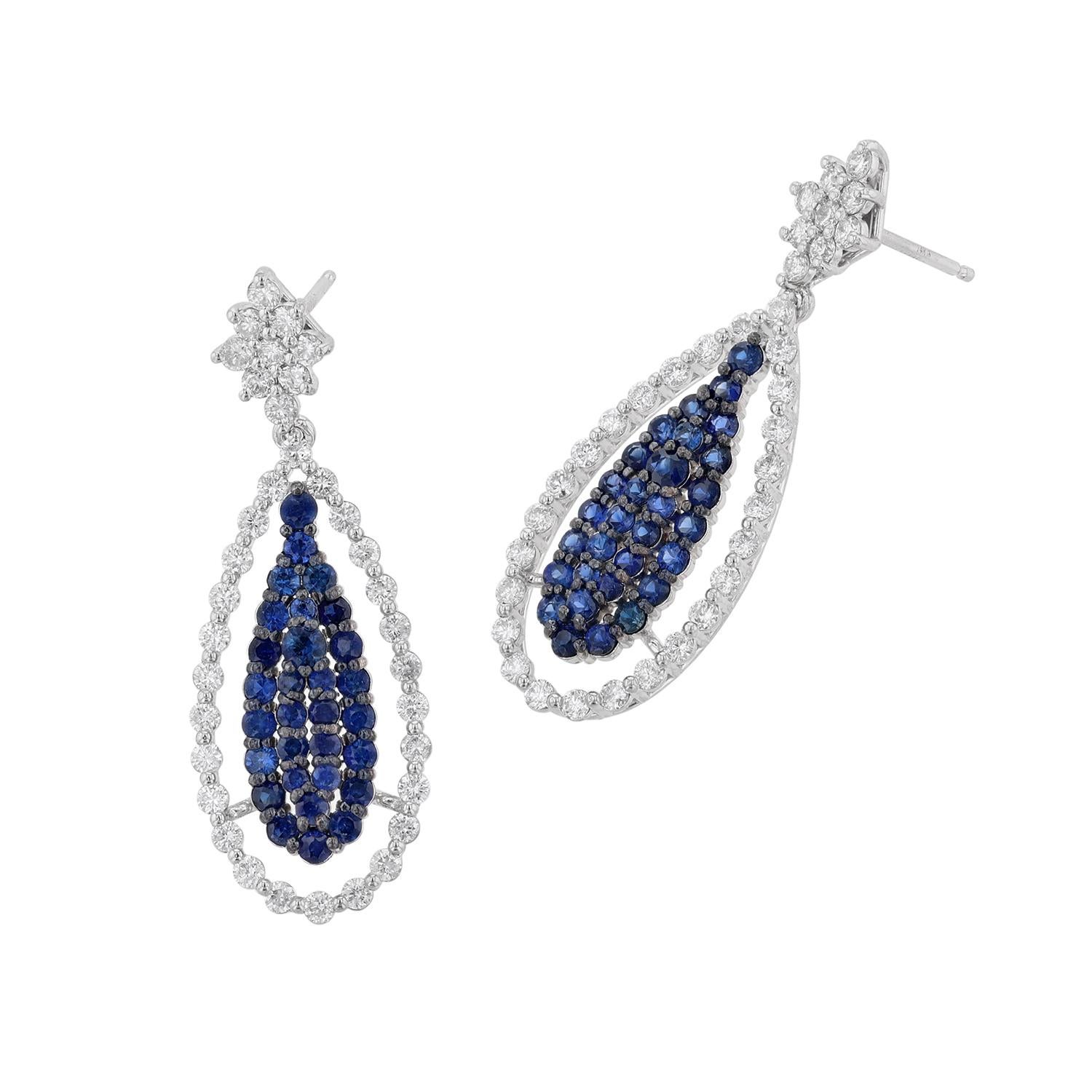 Round Cut 14K White Gold Blue Sapphire Diamond Teardrop Earrings, 4.36 Carat For Sale
