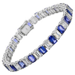 14K White Gold 22.25 TCW Emerald Cut Blue Sapphire Diamond Tennis Bracelet