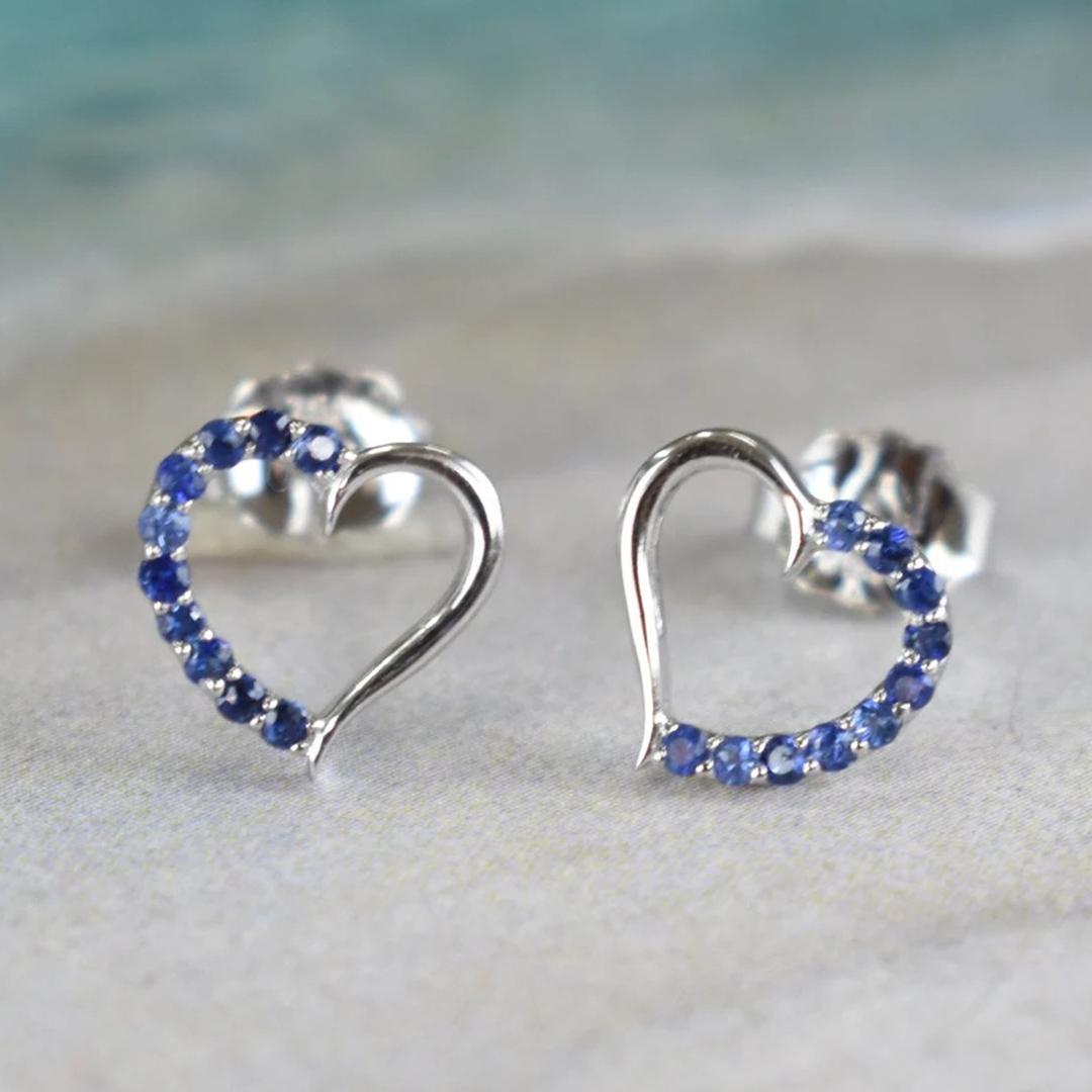 Round Cut 14k Gold Blue Sapphire Earrings Micro Pave Genuine Sapphire Stud Earrings For Sale