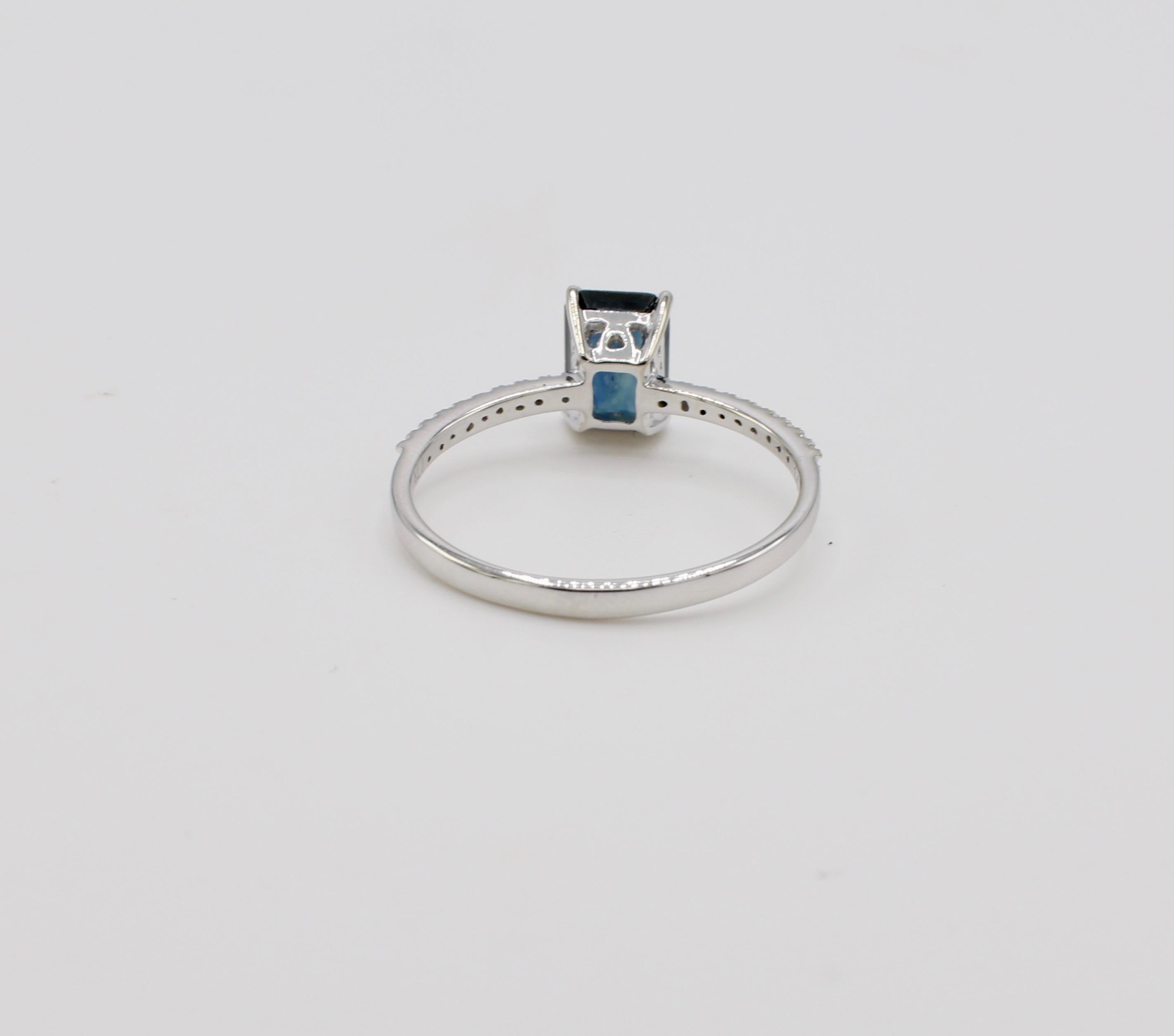 Emerald Cut 14 Karat White Gold Blue Sapphire and Pave Natural Diamond Cocktail Ring