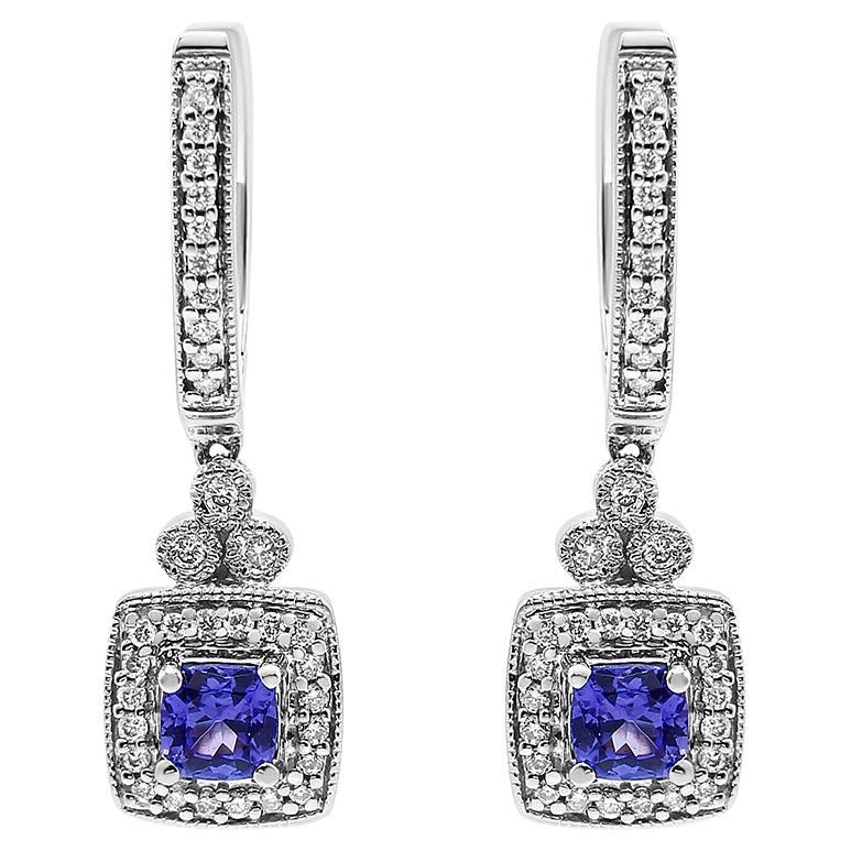 14K White Gold Blue Tanzanite and 1/3 Carat Diamond Halo Drop & Dangle Earrings