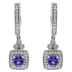 14K White Gold Blue Tanzanite and 1/3 Carat Diamond Halo Drop 
Dangle Earrings