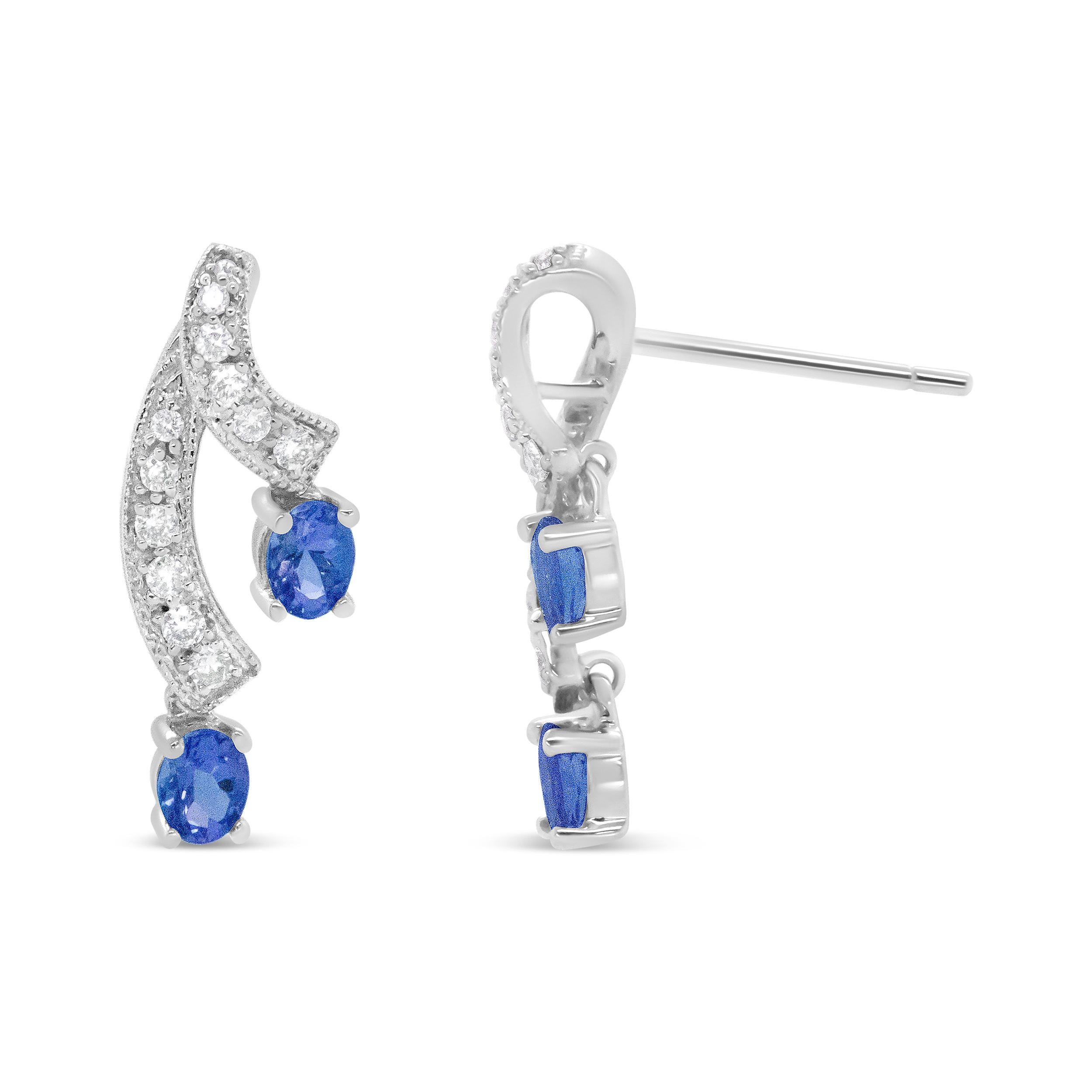 Contemporary 14K White Gold Blue Tanzanite Gemstone & 1/5 Ct Diamond Double Drop Stud Earring For Sale