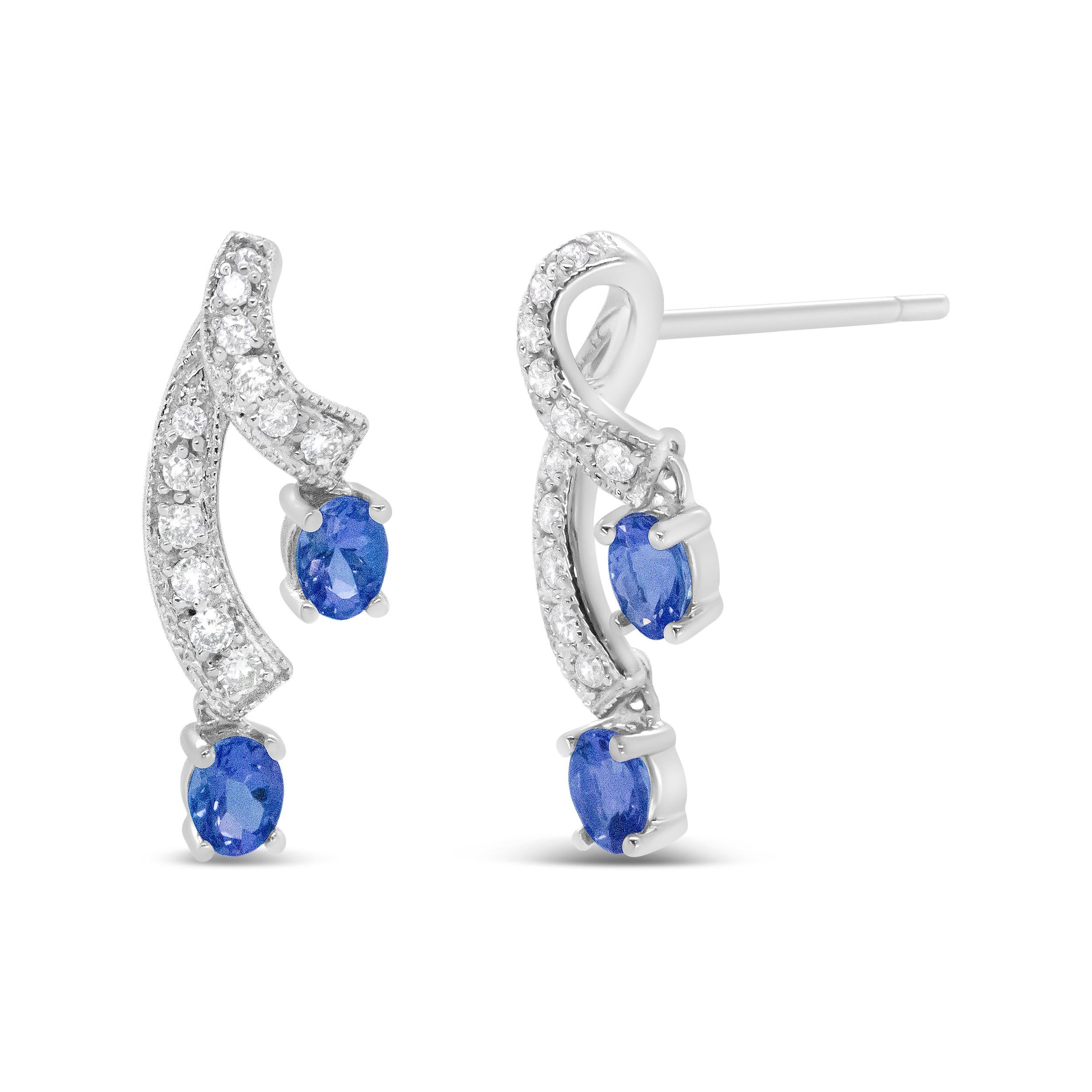 Oval Cut 14K White Gold Blue Tanzanite Gemstone & 1/5 Ct Diamond Double Drop Stud Earring For Sale