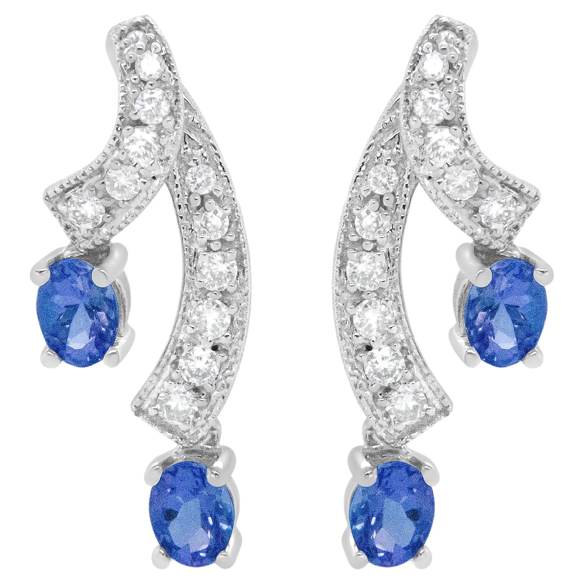 14K White Gold Blue Tanzanite Gemstone & 1/5 Ct Diamond Double Drop Stud Earring For Sale