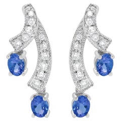14K White Gold Blue Tanzanite Gemstone & 1/5 Ct Diamond Double Drop Stud Earring