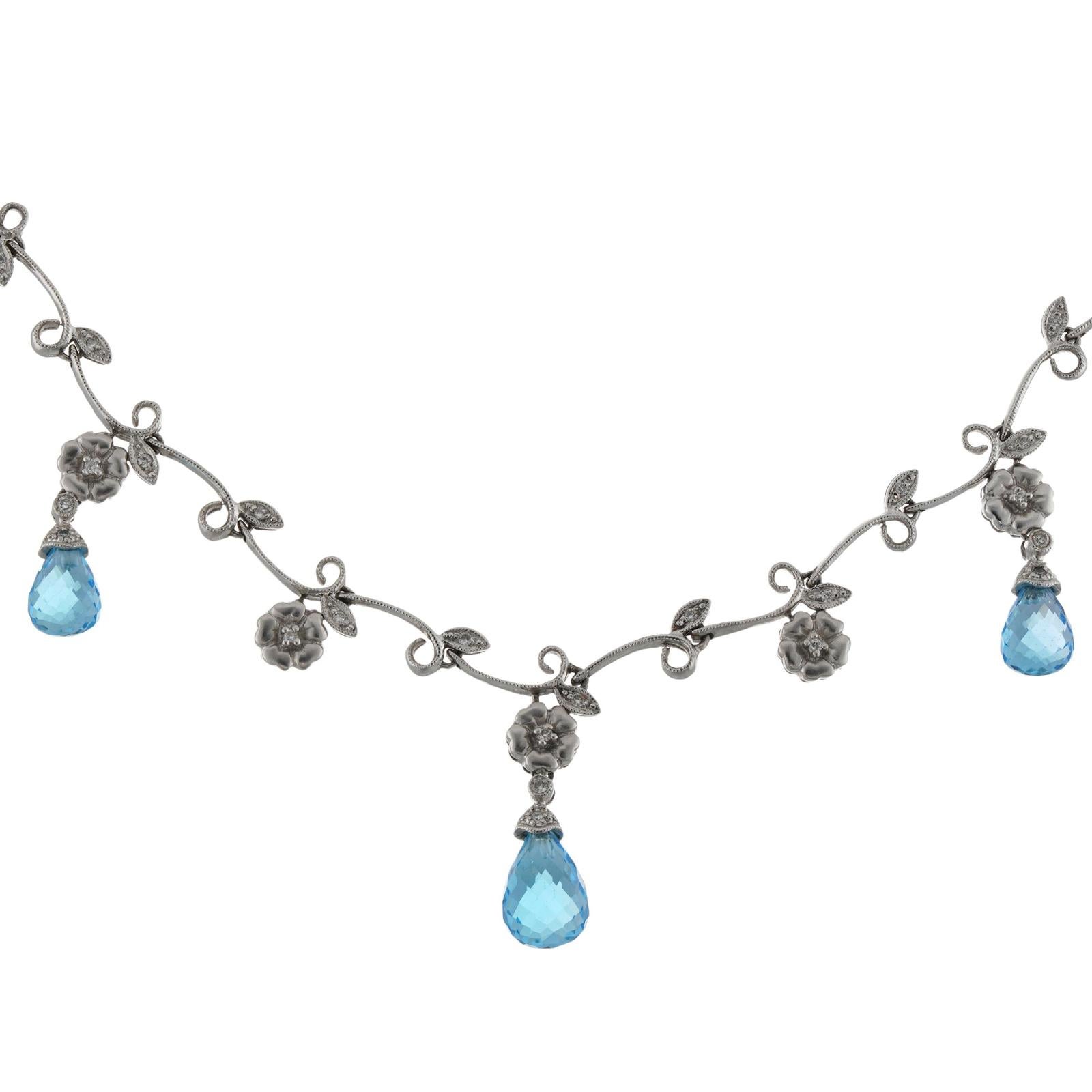 Women's 14k White Gold Blue Topas Briolette Diamond Garland Necklace For Sale
