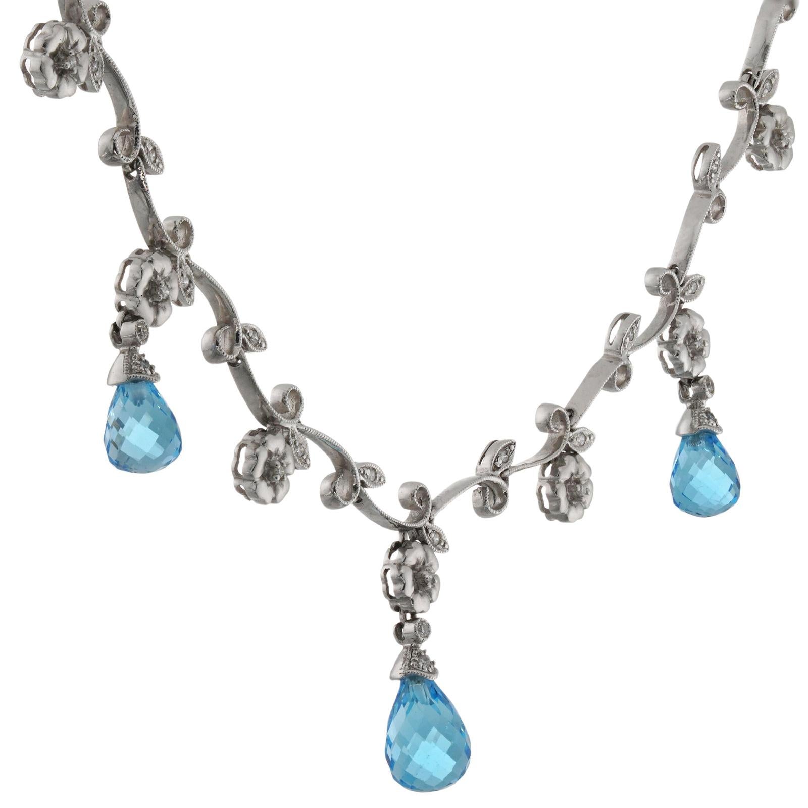 14k White Gold Blue Topas Briolette Diamond Garland Necklace For Sale 1