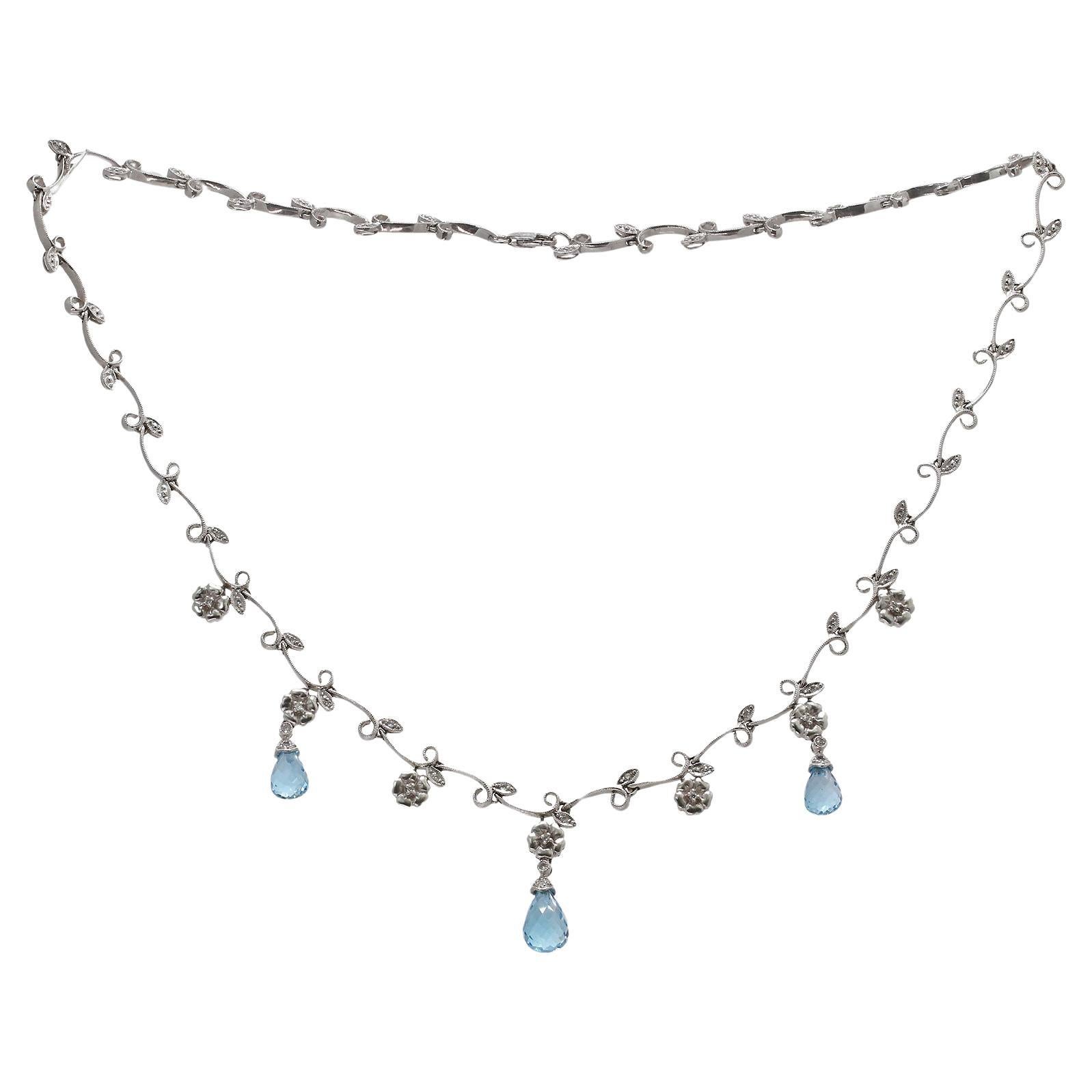 14k White Gold Blue Topas Briolette Diamond Garland Necklace For Sale
