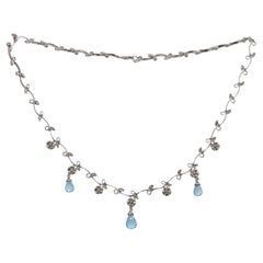 Vintage 14k White Gold Blue Topas Briolette Diamond Garland Necklace