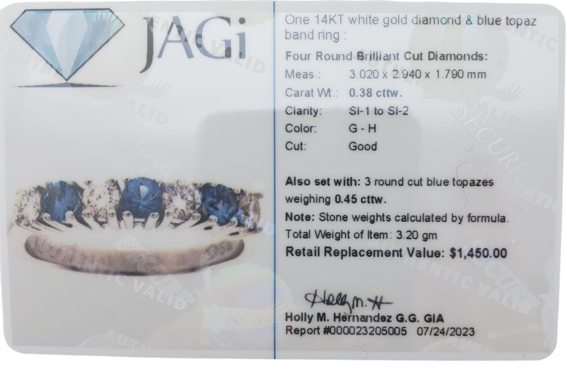 14K White Gold Blue Topaz and Diamond Band Ring Size 7 #15080 For Sale 4