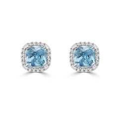 14K White Gold Blue Topaz and Diamond Halo Stud Earrings