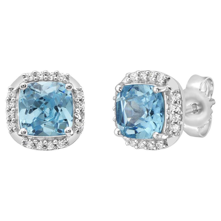 14K White Gold Blue Topaz and Diamond Halo Stud Earrings For Sale