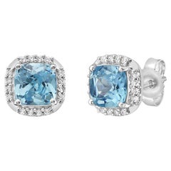 14K White Gold Blue Topaz and Diamond Halo Stud Earrings