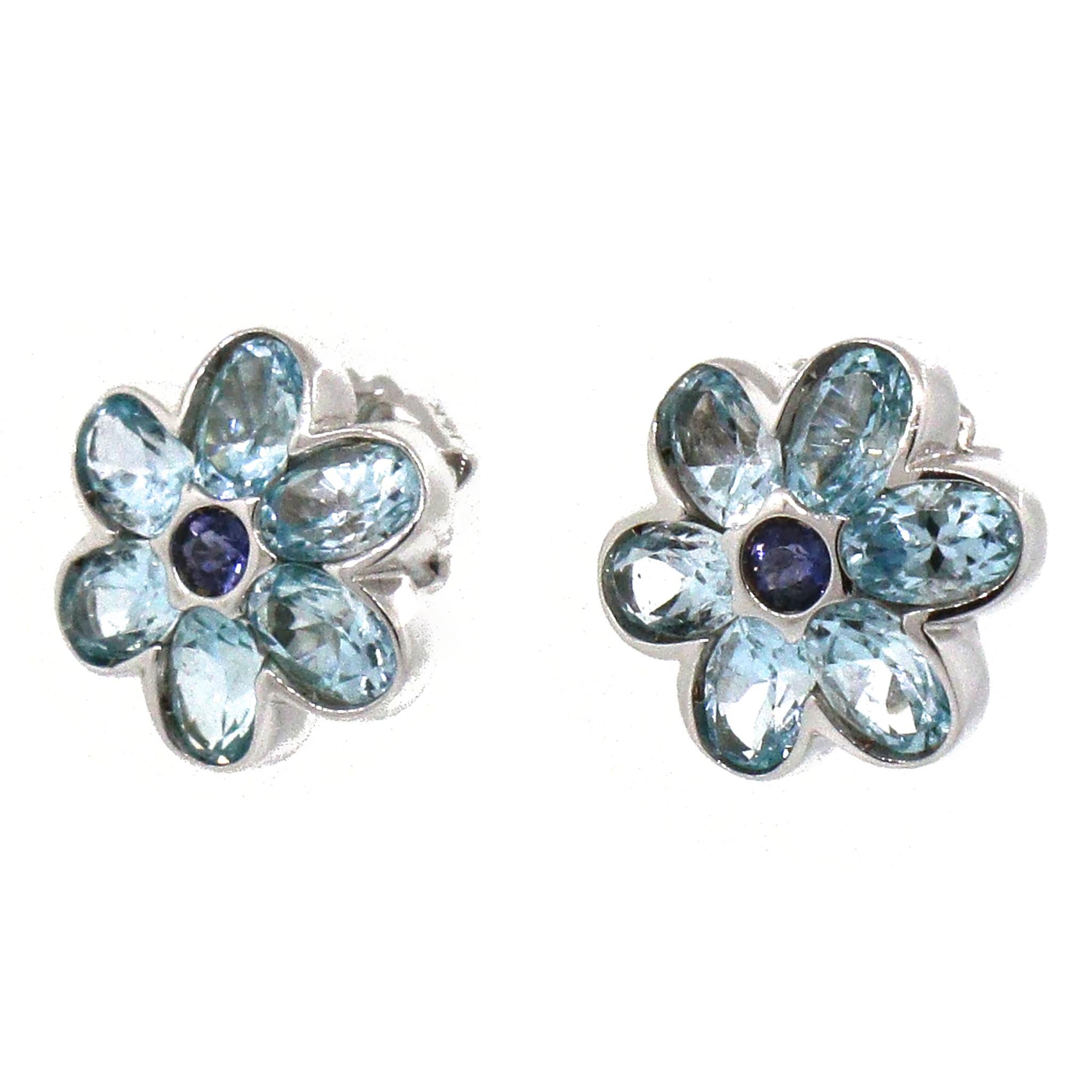 Donna Orecchini a fiore in oro bianco 14k con topazio blu e zaffiro in vendita