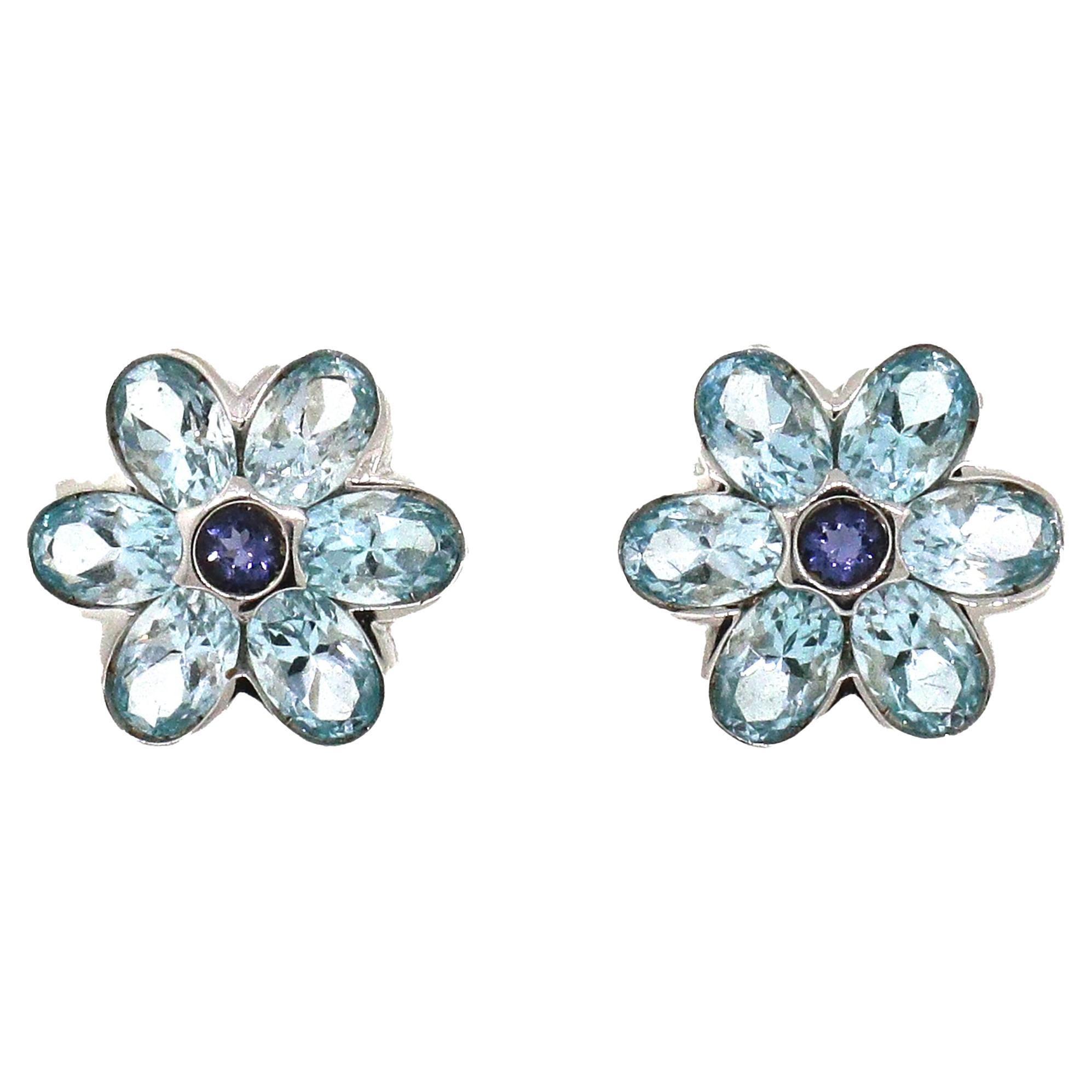14k White Gold Blue Topaz and Sapphire Flower Earrings