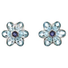 14k White Gold Blue Topaz and Sapphire Flower Earrings